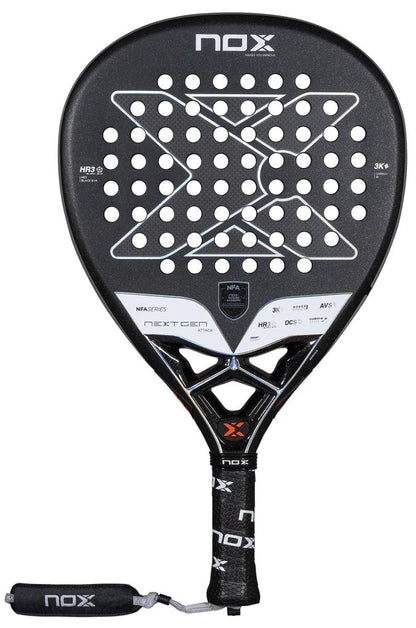 The NOX NFA Nextgen Pro Attack 3K Padel Racket features a black design with white NOX branding, circular holes, an "X" centerpiece, padded grip, and wrist strap for high performance on the court.