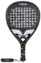 The NOX NFA Nextgen Pro Attack 3K Padel Racket features a black design with white NOX branding, circular holes, an "X" centerpiece, padded grip, and wrist strap for high performance on the court.