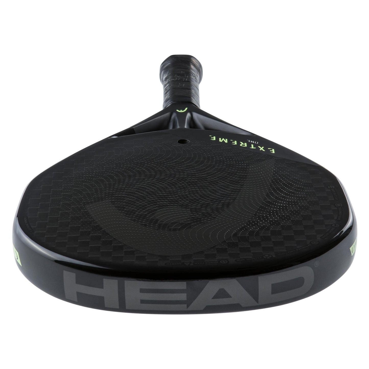 The HEAD Extreme One 2023 Padel Racket by HEAD features a black 12K carbon fiber, textured surface. "EXTREME" and the brand logo are visible on the lightweight racket’s face, as seen from the handle end.