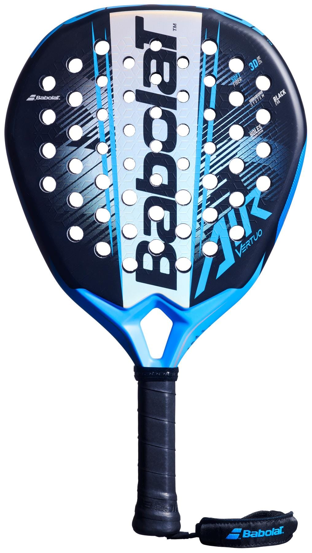 The Babolat Air Vertuo 2.6 Padel Racket features a black, blue, and white design with a perforated face, black grip, and blue wrist strap with the Babolat logo for optimal control and comfort on the court.
