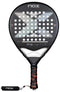 The NOX AT10 Pro Cup HARD By Agustin Tapia 2025 Padel Racket features a perforated surface, large "X" design, black grip with red and white NOX branding, attached wrist strap, and Smartstrap® system for enhanced safety.