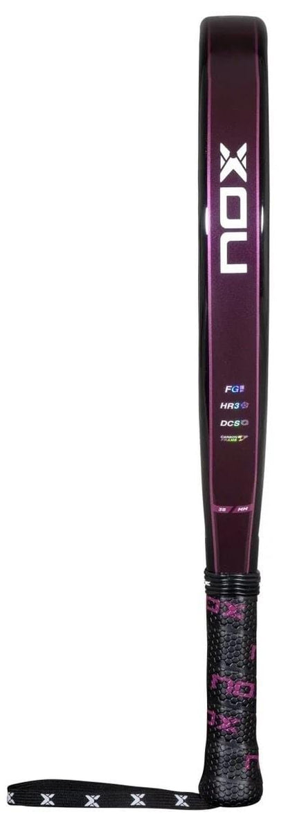 A side view of the NOX X-One Silhouette Advance Series padel racket by NOX, featuring a dark purple and black design with pink and white accents—perfect for beginner and intermediate players.
