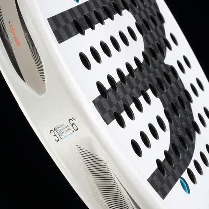 Close-up of the Bullpadel Vertex 05 2026 padel racket in white with black carbon fiber accents, circular holes, and a prominent "B" logo. The side displays grip size and specs for this high-performance Bullpadel model.