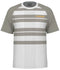 The HEAD Performance Men's Padel T-Shirt - XPWG features a gray and white plaid pattern with "HEAD" in orange on the chest. It has a ribbed neckline and gray sleeves for contrast, and is crafted with Moisture Transfer Microfiber technology to keep you dry during activities.