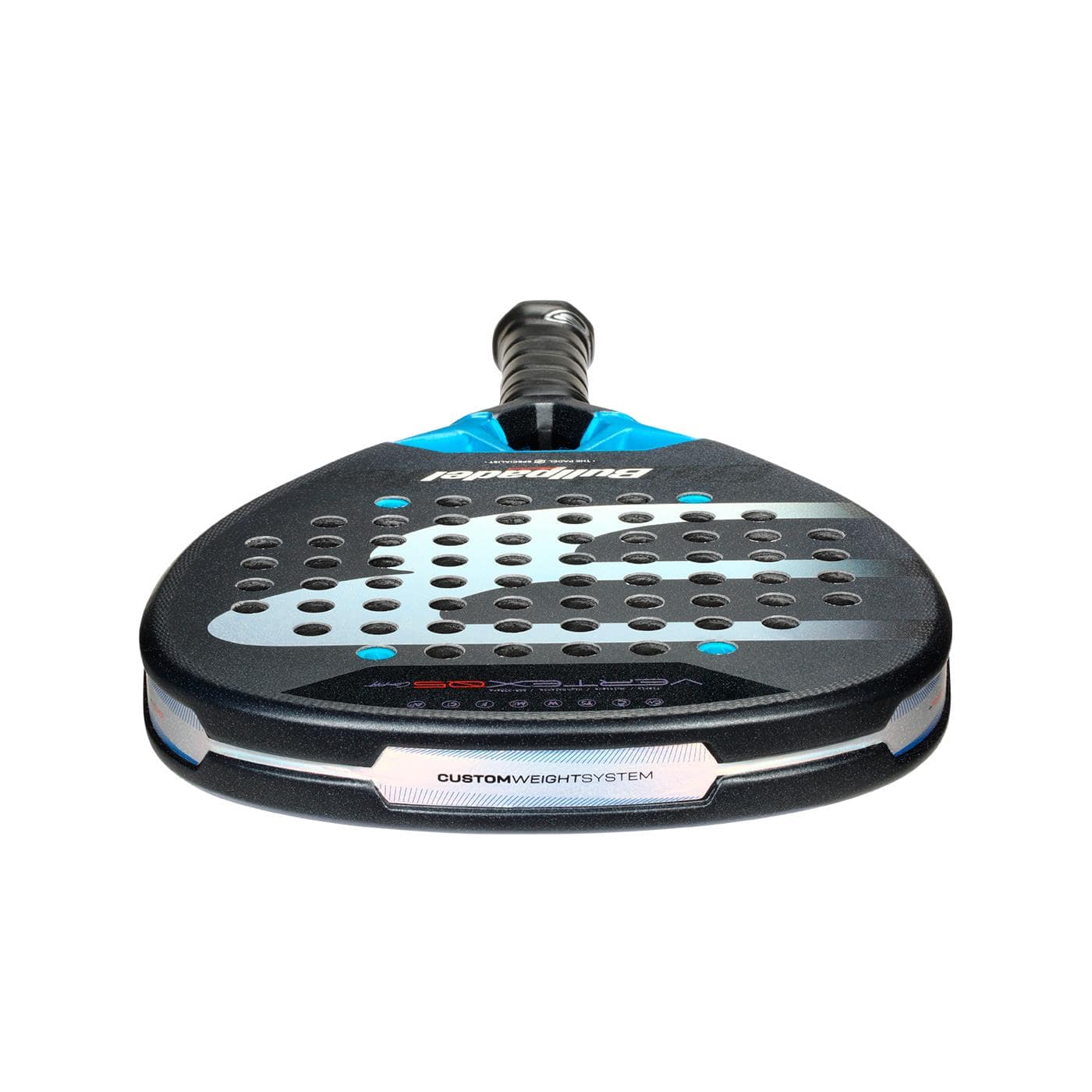 The Bullpadel Vertex 05 Comfort 2026 Padel Racket by Bullpadel features a black and blue design, multiple surface holes, textured grip, "CUSTOM WEIGHT SYSTEM" near the base, and a Fibrix fibre build, shown against a white background.