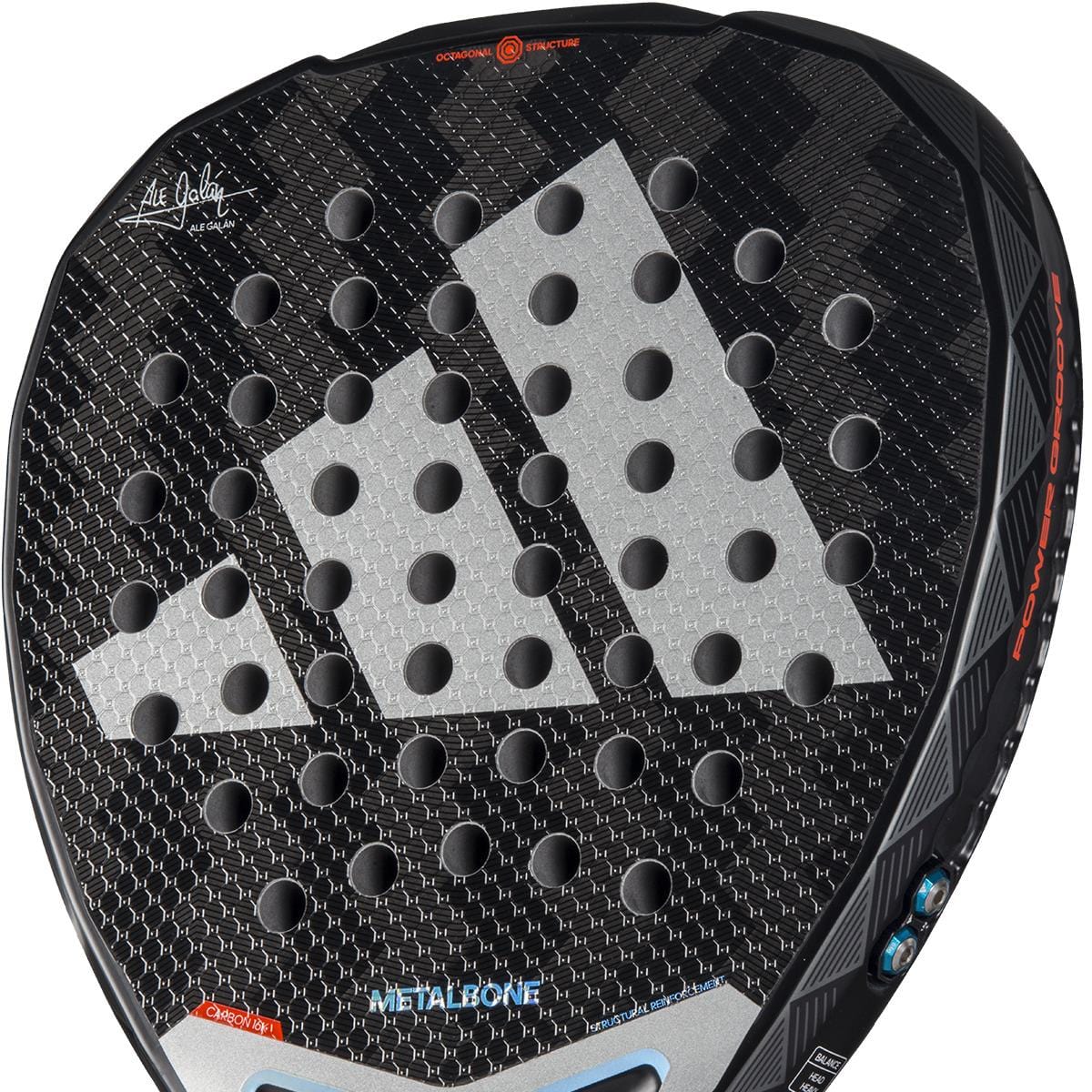 Close-up of the black adidas Metalbone 3.4 Padel Racket featuring a textured surface, large silver adidas logo, round holes, and "METALBONE" near the bottom—designed for advanced power and precision.