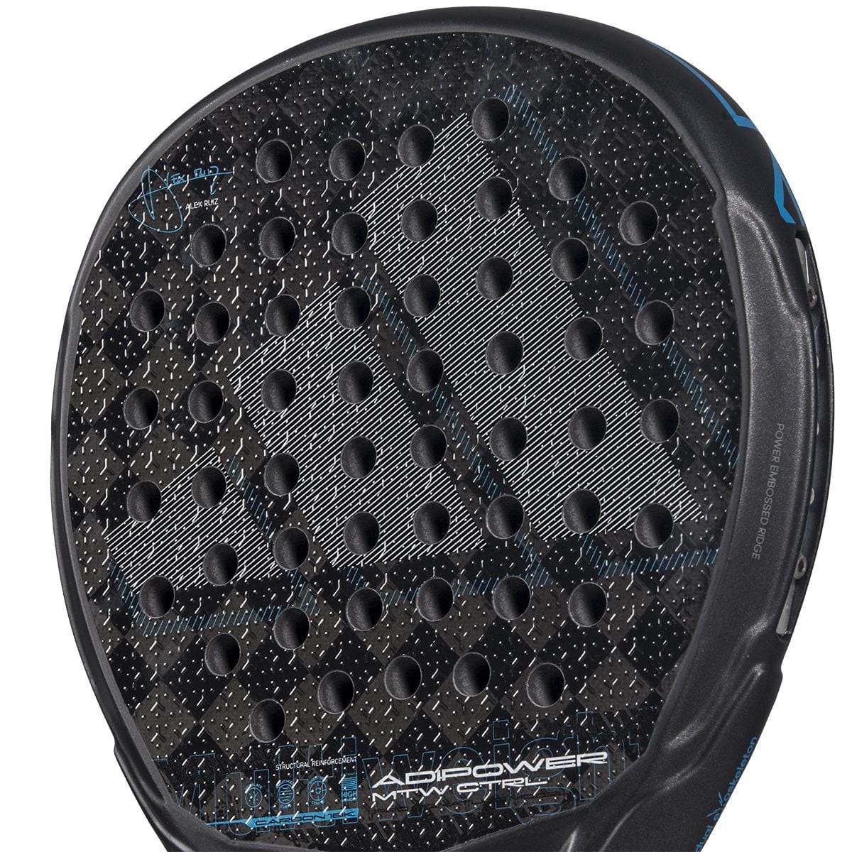 Close-up of the adidas ADIDAS Adipower Multiweight CTRL 3.4 Padel Racket face, showing a circular hole grid, textured carbon fiber pattern, "Adipower" branding, and adjustable weight features near the bottom edge.