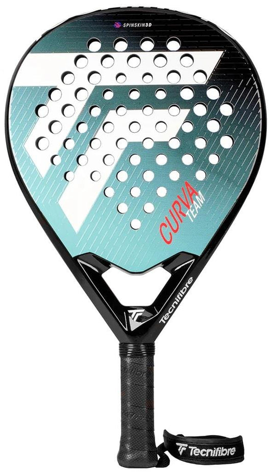 The Tecnifibre Curva Team Padel Racket features a teardrop shape, black frame, turquoise and white geometric face, perforated holes for control, and a black handle with a Tecnifibre wrist strap.