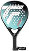 The Tecnifibre Curva Team Padel Racket features a teardrop shape, black frame, turquoise and white geometric face, perforated holes for control, and a black handle with a Tecnifibre wrist strap.