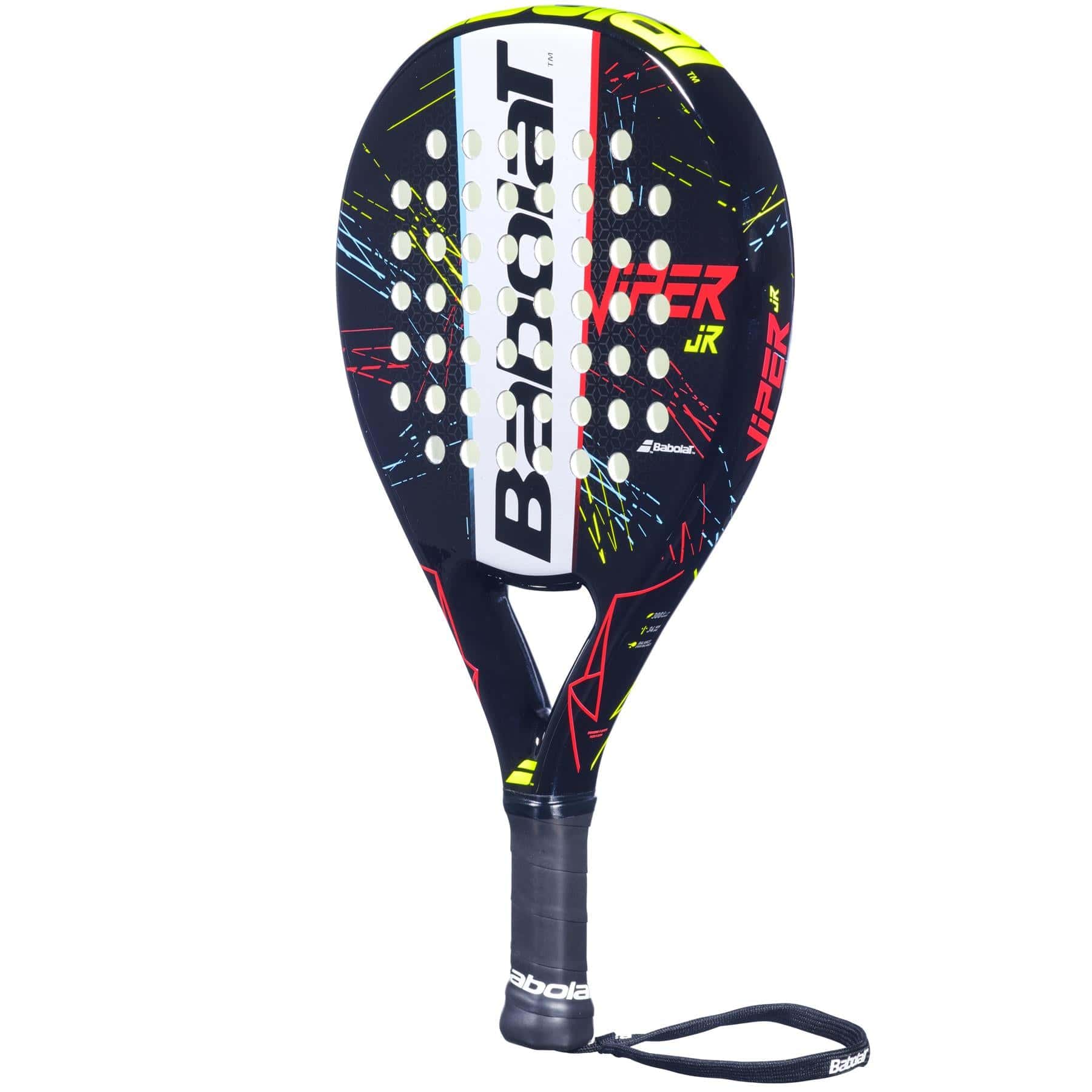 The Babolat Viper Junior Padel Racket is black with white and yellow accents, a wrist strap, and colorful geometric face designs. Designed for juniors, it has multiple round holes for enhanced control.