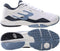 The Bullpadel Hybrid Fly 26V Men's Padel Shoes in white feature blue and navy accents, a striking side "B" logo, and a hybrid outsole shown in textured blue and gray.