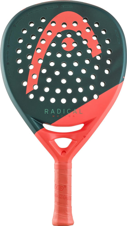 The HEAD Radical Motion 2026 Padel Racket features a green and orange perforated design, "RADICAL" branding, a large curved logo on the face, an orange grip tape handle, and offers advanced performance with a lightweight feel.