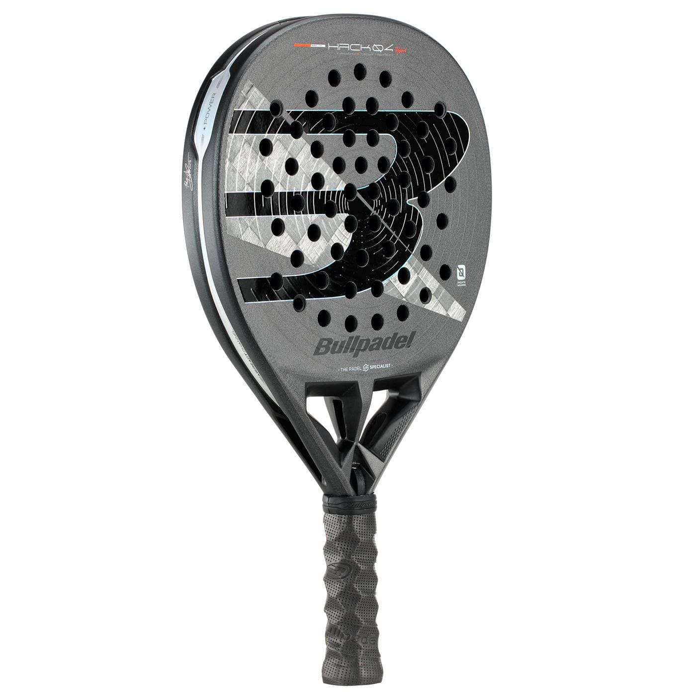 The Bullpadel HACK 04 Hybrid 2026 padel racket by Bullpadel has a gray, black, and silver design, a textured face with multiple holes, Total Channel technology for improved play, and a comfortable black grip handle.