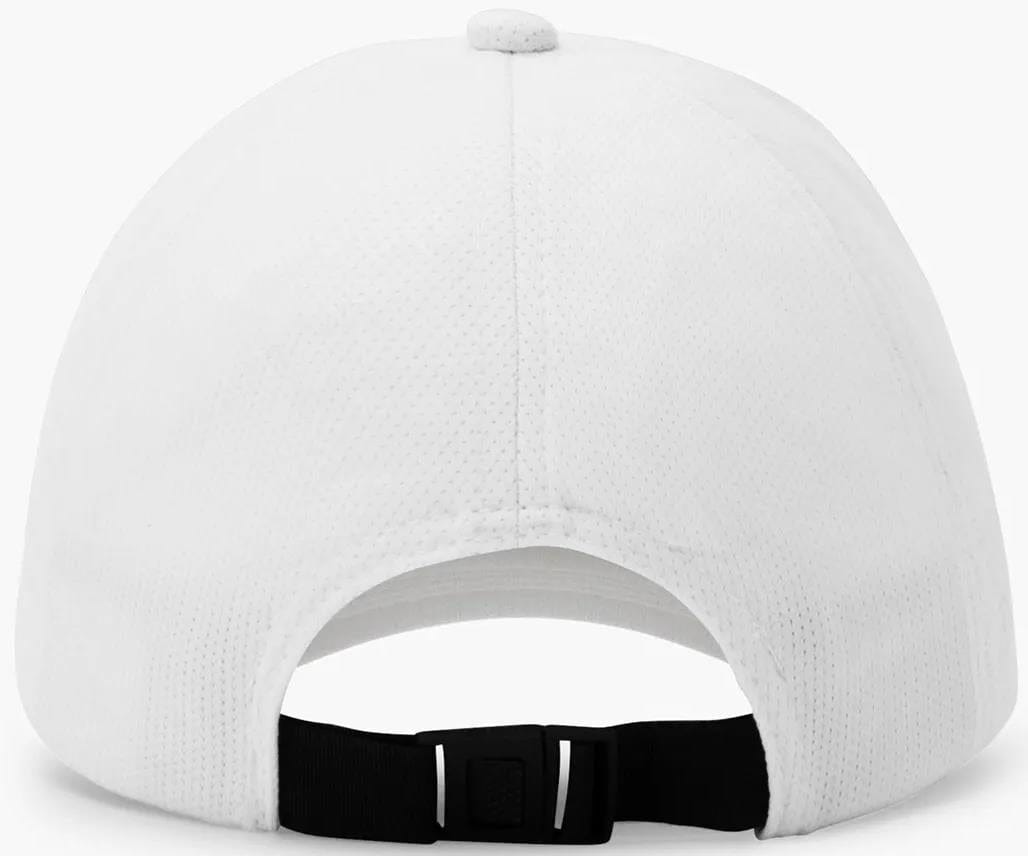 The Yonex 40125EX Padel Cap in white is a lightweight sports cap, viewed from the back, with a black adjustable strap and a small button on top.