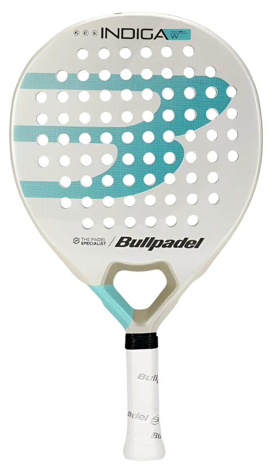 The Bullpadel Indiga W 2025 Padel Racket for women features a white design with turquoise accents, circular holes, the Bullpadel and model names on the face, and a white grip handle.