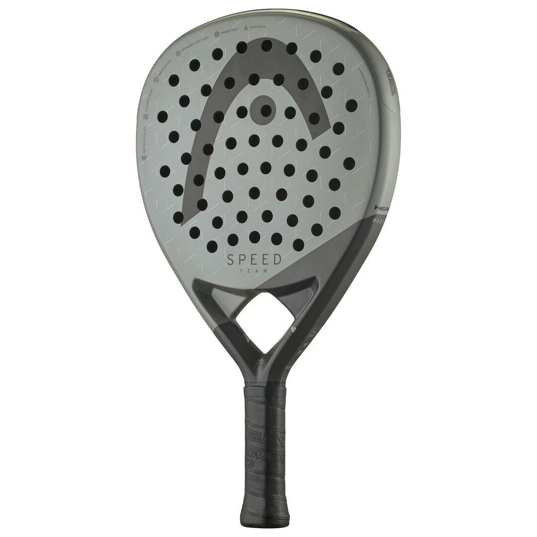 The HEAD Speed Team 2025 Padel Racket, in black and gray, features Auxetic 2.0 tech, perforations, a large "H" logo, "SPEED TEAM" text at the center, and a black grip for enhanced power and control.