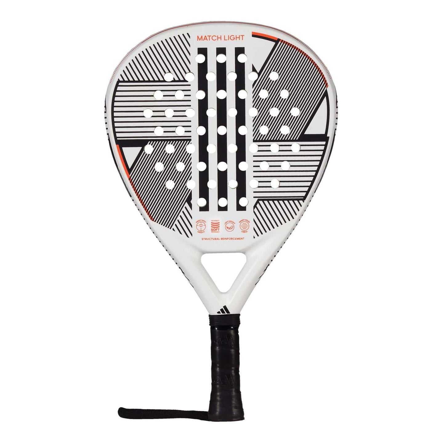 The adidas Match Light 3.3 Padel Racket is a lightweight white racket with black and red geometric details, center round holes, and black grip tape—ideal for beginners seeking easy handling on the court.