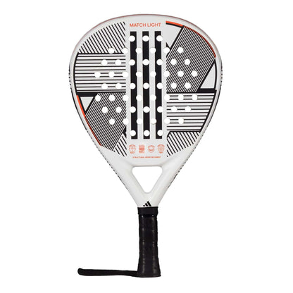 The adidas Match Light 3.3 Padel Racket is a lightweight white racket with black and red geometric details, center round holes, and black grip tape—ideal for beginners seeking easy handling on the court.