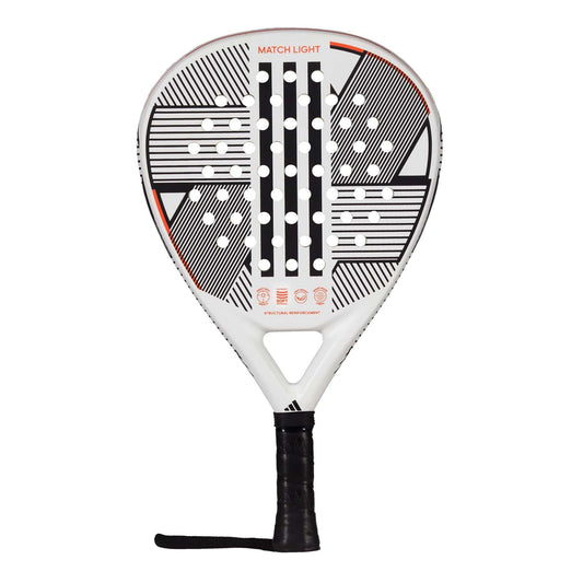 The adidas Match Light 3.3 Padel Racket is a lightweight white racket with black and red geometric details, center round holes, and black grip tape—ideal for beginners seeking easy handling on the court.