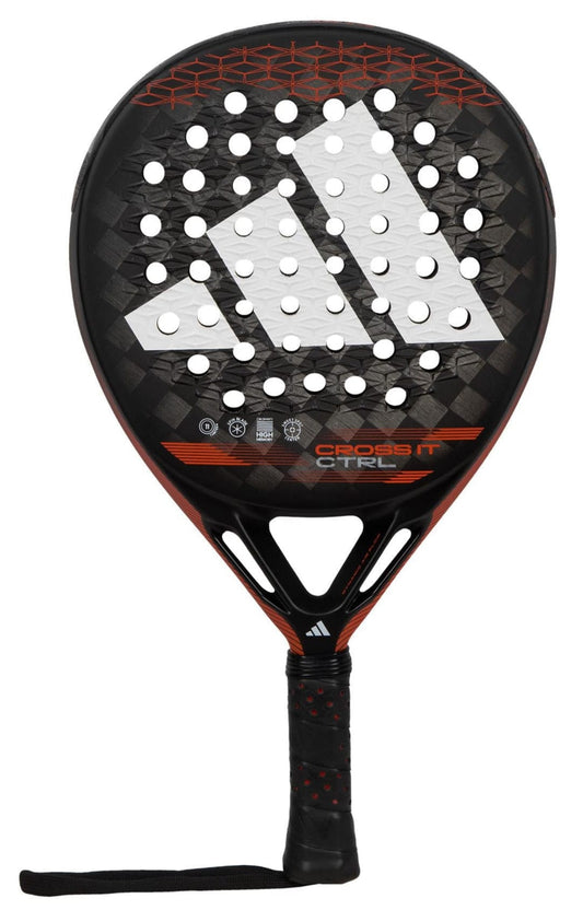 The adidas Cross It CTRL Padel Racket features a black design with a large white logo, circular holes, red accents, and wrist strap. “Cross It CTRL” appears at the center—ideal for players seeking control on the court.