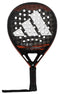 The adidas Cross It CTRL Padel Racket features a black design with a large white logo, circular holes, red accents, and wrist strap. “Cross It CTRL” appears at the center—ideal for players seeking control on the court.