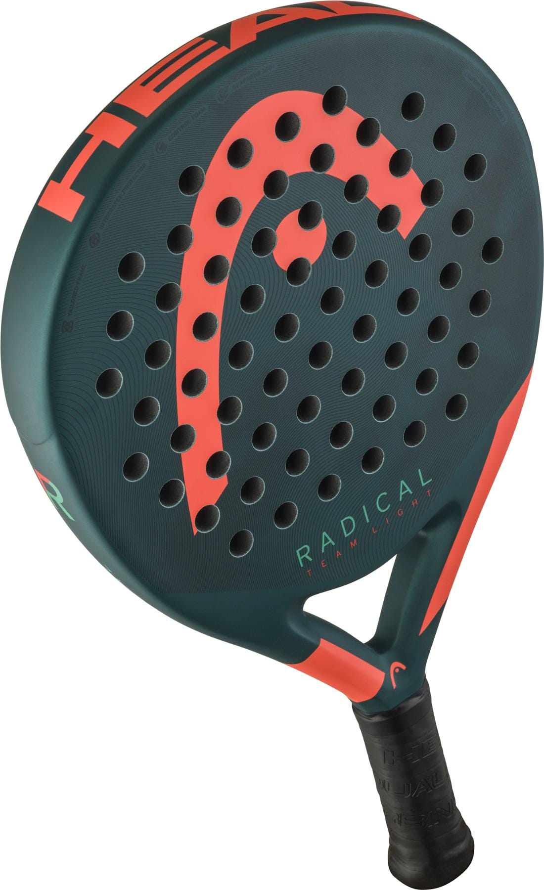 The HEAD Radical Team Light 2026 Padel Racket is a black and red paddle with circular holes, "HEAD" and "RADICAL" branding on its surface, and a lightweight design. Its handle features black grip tape.