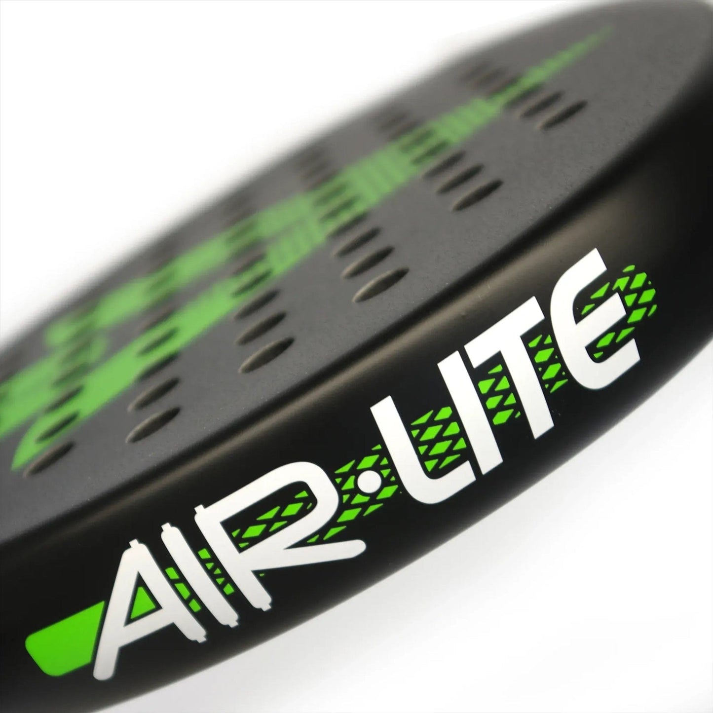 Close-up of the Karakal Air Lite 345 Green Padel Racket by Karakal, a lightweight black racket with green accents and small holes. "AIR-LITE" appears in bold white and green on the side of this high-performance padel racket.