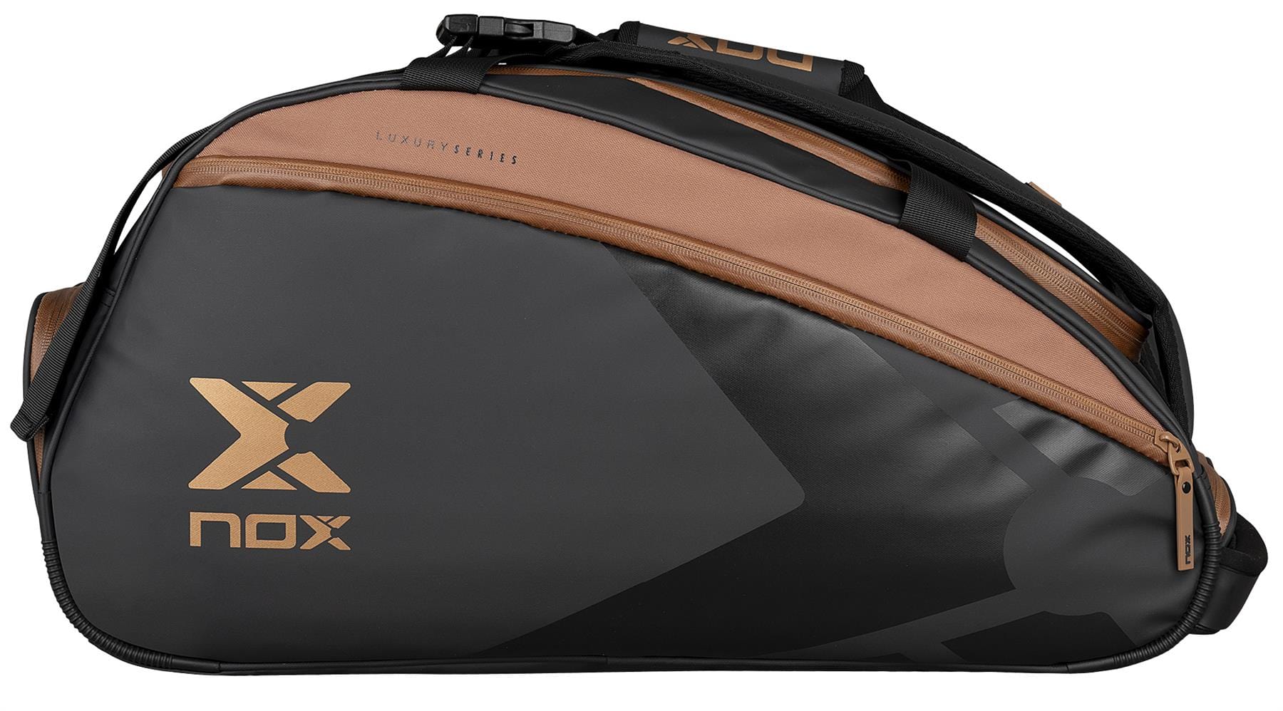 The NOX Luxury Open Series Padel Racket Bag in black and brown features gold "Nox" and "Luxury Series" lettering, multiple handles and zippers, plus a spacious thermal compartment with NOX ThermoTech technology.