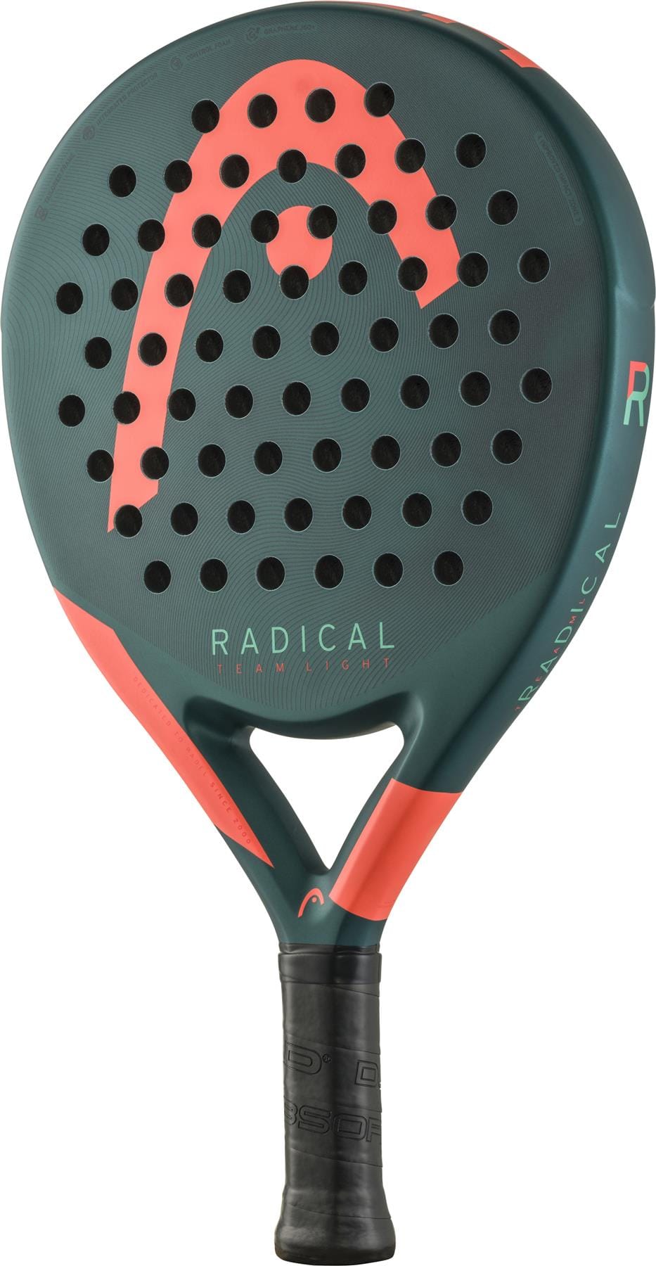 The HEAD Radical Team Light 2026 Padel Racket is a lightweight dark green and red racket with circular holes, a black grip, and "RADICAL" on the face. It features a bold red logo and striking accents.