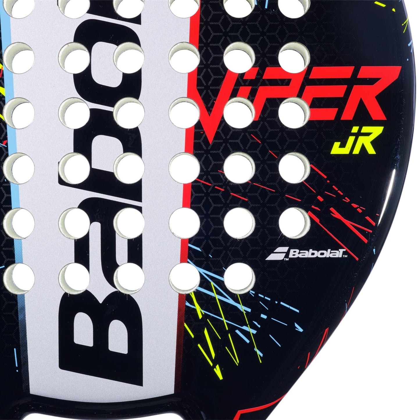 Close-up of the Babolat Viper Junior Padel Racket reveals the bold Babolat logo, vibrant graphic lines, and round perforations—ideal features specially designed for junior players.