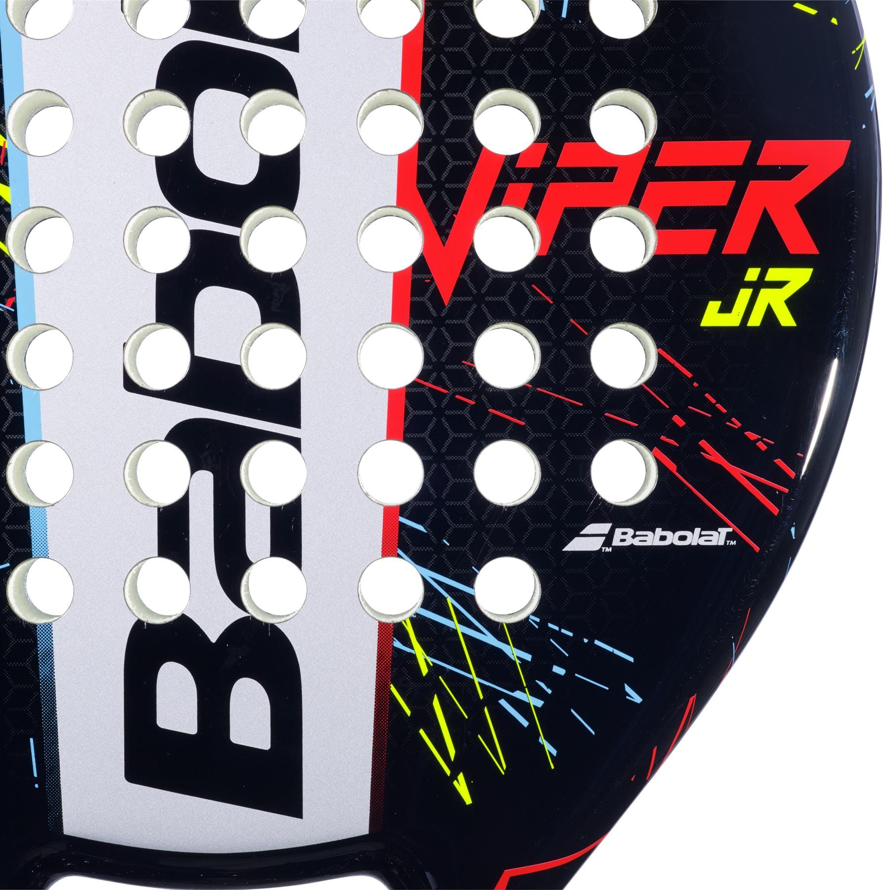 Close-up of the Babolat Viper Junior Padel Racket reveals the bold Babolat logo, vibrant graphic lines, and round perforations—ideal features specially designed for junior players.