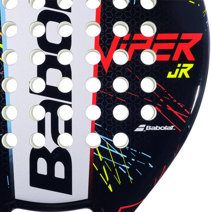 Close-up of the Babolat Viper Junior Padel Racket reveals the bold Babolat logo, vibrant graphic lines, and round perforations—ideal features specially designed for junior players.