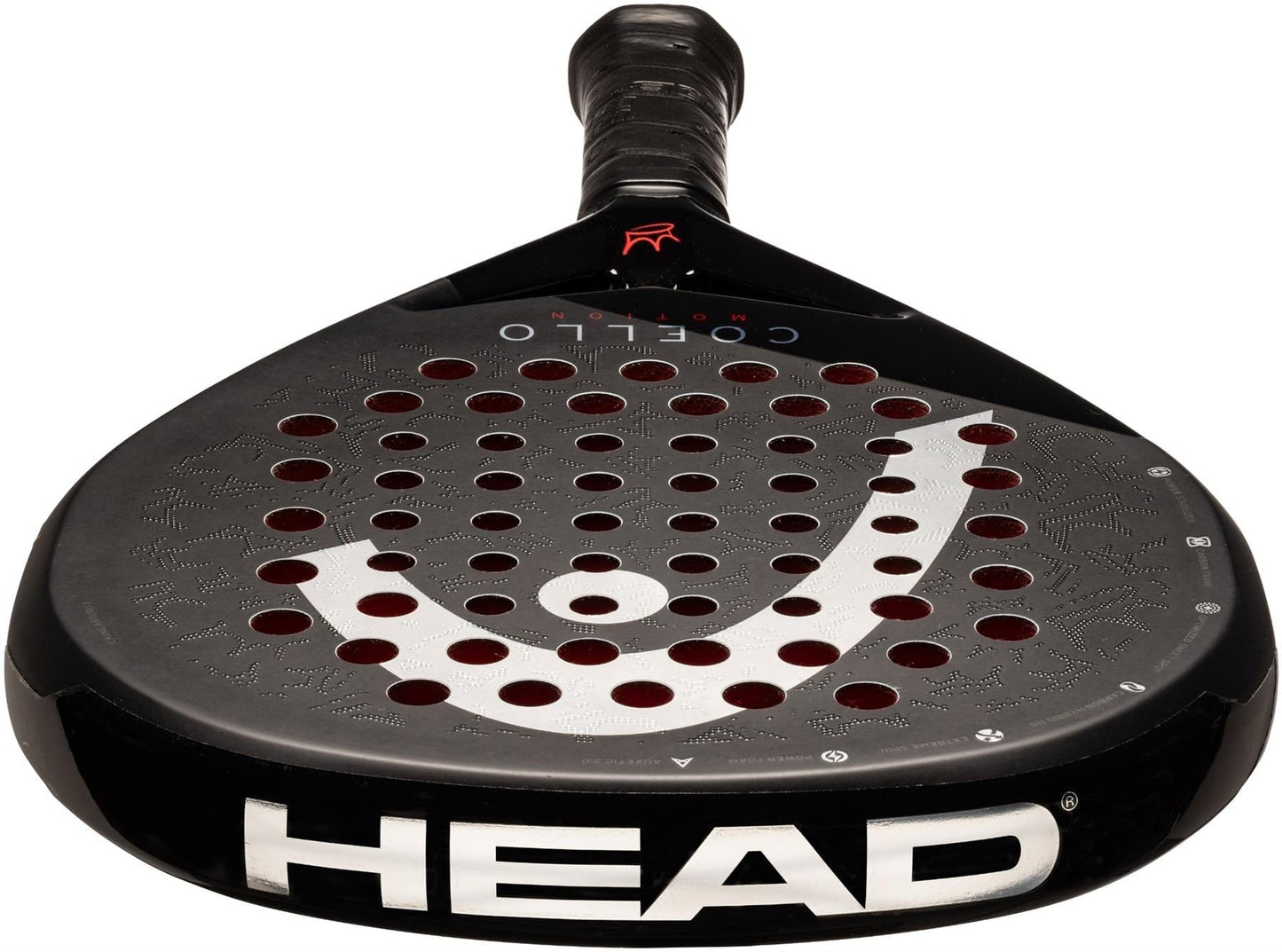 The HEAD Coello Motion 2025 Padel Racket by HEAD is black with red circular holes, a white logo on the face, and a handle wrapped in black grip tape. It features Auxetic 2.0 technology and is shown from the front.