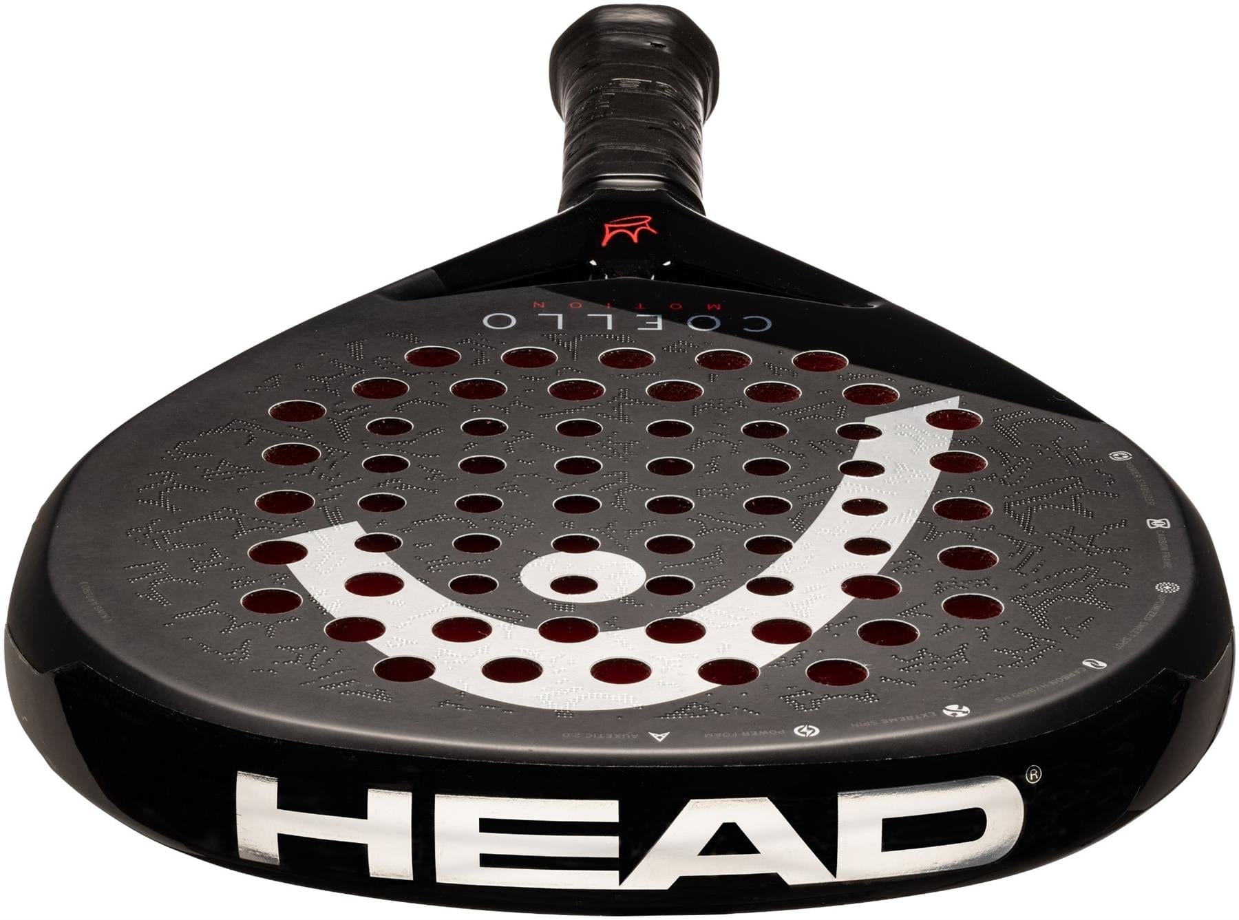 The HEAD Coello Motion 2025 Padel Racket by HEAD is black with red circular holes, a white logo on the face, and a handle wrapped in black grip tape. It features Auxetic 2.0 technology and is shown from the front.