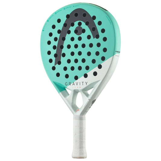 The HEAD Gravity Team 2024 Padel Racket features a teal and white design with black circular holes, "GRAVITY" on the face, Auxetic 2.0 technology, and a white grip—perfect for intermediate players.
