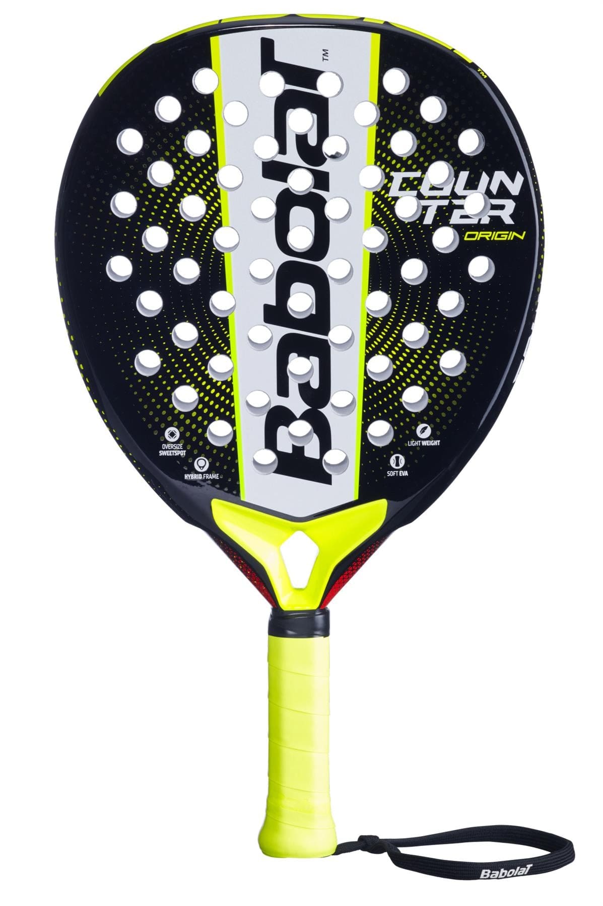 The Babolat Counter Origin Padel Racket by Babolat features a black and yellow design, white branding, circular holes on the face, a yellow grip with black wrist strap—ideal as a control padel racket for beginners.