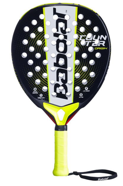 The Babolat Counter Origin Padel Racket by Babolat features a black and yellow design, white branding, circular holes on the face, a yellow grip with black wrist strap—ideal as a control padel racket for beginners.