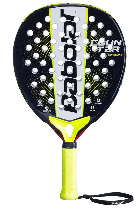 The Babolat Counter Origin Padel Racket by Babolat features a black and yellow design, white branding, circular holes on the face, a yellow grip with black wrist strap—ideal as a control padel racket for beginners.