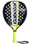 The Babolat Counter Origin Padel Racket by Babolat features a black and yellow design, white branding, circular holes on the face, a yellow grip with black wrist strap—ideal as a control padel racket for beginners.