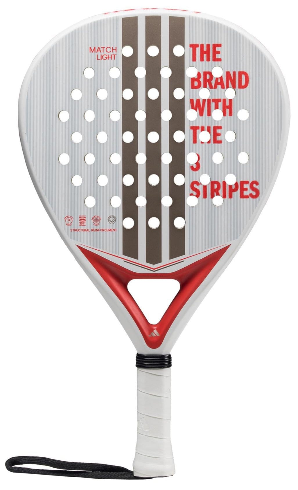The adidas Match Light 3.4 Padel Racket is white with brown and red accents, three brown stripes, a perforated face, "THE BRAND WITH THE 3 STRIPES" in red, a white grip handle, and a black wrist strap.