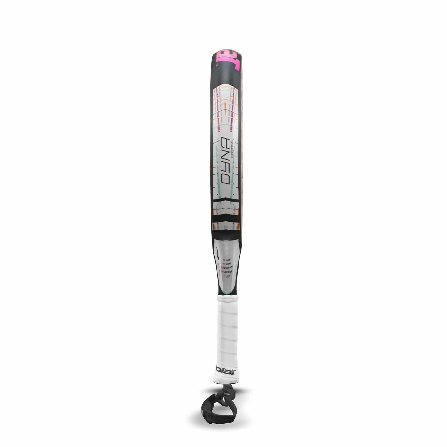 The Babolat Dyna Energy Padel Racket by Babolat features a white handle and barrel, black end cap, pink and black accents, and a taped grip—an ideal lightweight choice for women—shown upright against a plain white background.