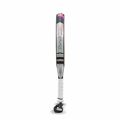 The Babolat Dyna Energy Padel Racket by Babolat features a white handle and barrel, black end cap, pink and black accents, and a taped grip—an ideal lightweight choice for women—shown upright against a plain white background.