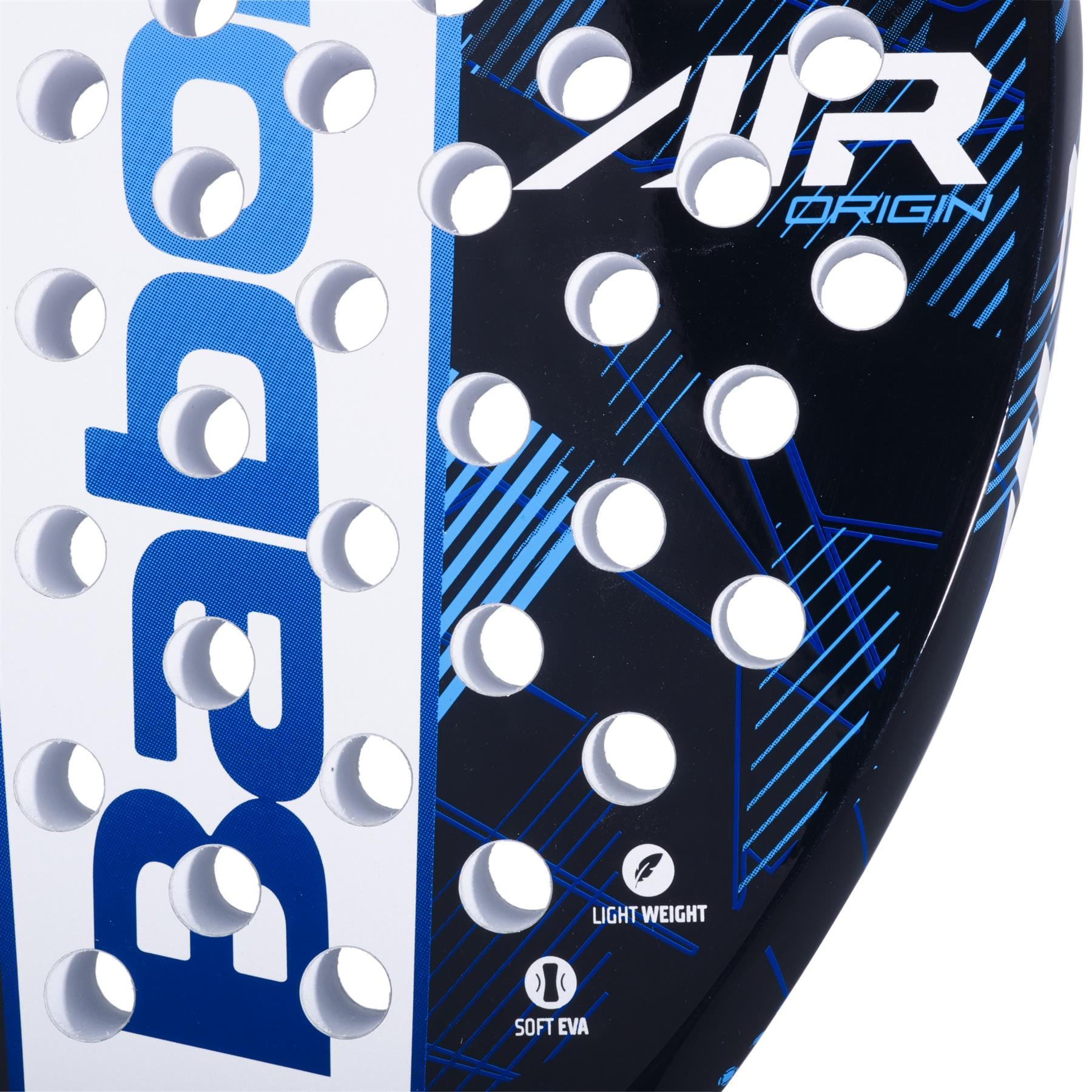Close-up of the Babolat Air Origin Padel Racket by Babolat, showing its blue and white design with round holes. The surface features "AIR Origin," "Light Weight," and "Soft EVA"—ideal for beginners.