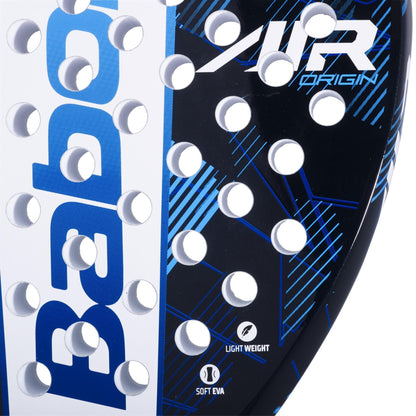 Close-up of the Babolat Air Origin Padel Racket by Babolat, showing its blue and white design with round holes. The surface features "AIR Origin," "Light Weight," and "Soft EVA"—ideal for beginners.
