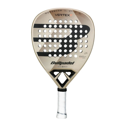 The Bullpadel Vertex 04 W 2025 Padel Racket features a beige and black design with a bold “B,” round perforations, Vertex branding at the top, and a white grip—perfect for advanced players who value precision and style.