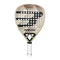 The Bullpadel Vertex 04 W 2025 Padel Racket features a beige and black design with a bold “B,” round perforations, Vertex branding at the top, and a white grip—perfect for advanced players who value precision and style.