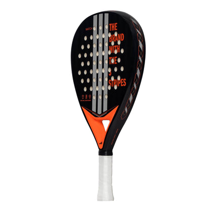 The adidas Match Black 3.4 Padel Racket features a sleek black design with orange accents, a white grip, and bold "THE BRAND WITH THE 3 STRIPES" text, making it an excellent choice for beginner padel players.