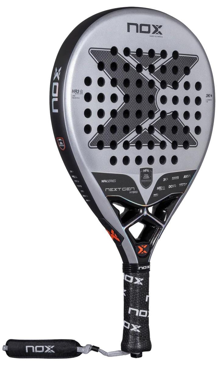 The NOX NFA Nextgen Pro Hybrid 3K Padel Racket by NOX features a black and silver design, carbon 3K X-shaped perforated face, branded handle wrap, and a wrist strap.