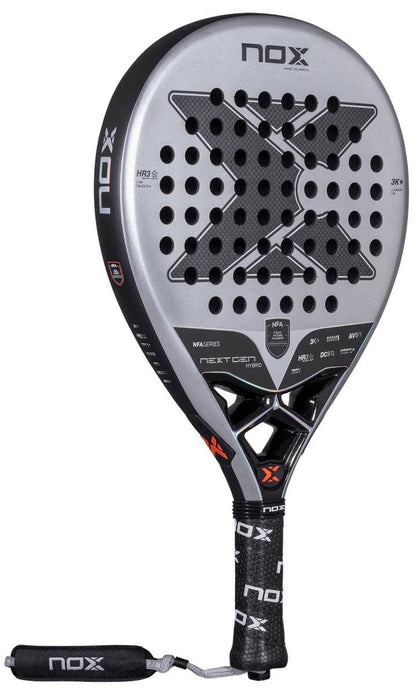 The NOX NFA Nextgen Pro Hybrid 3K Padel Racket by NOX features a black and silver design, carbon 3K X-shaped perforated face, branded handle wrap, and a wrist strap.