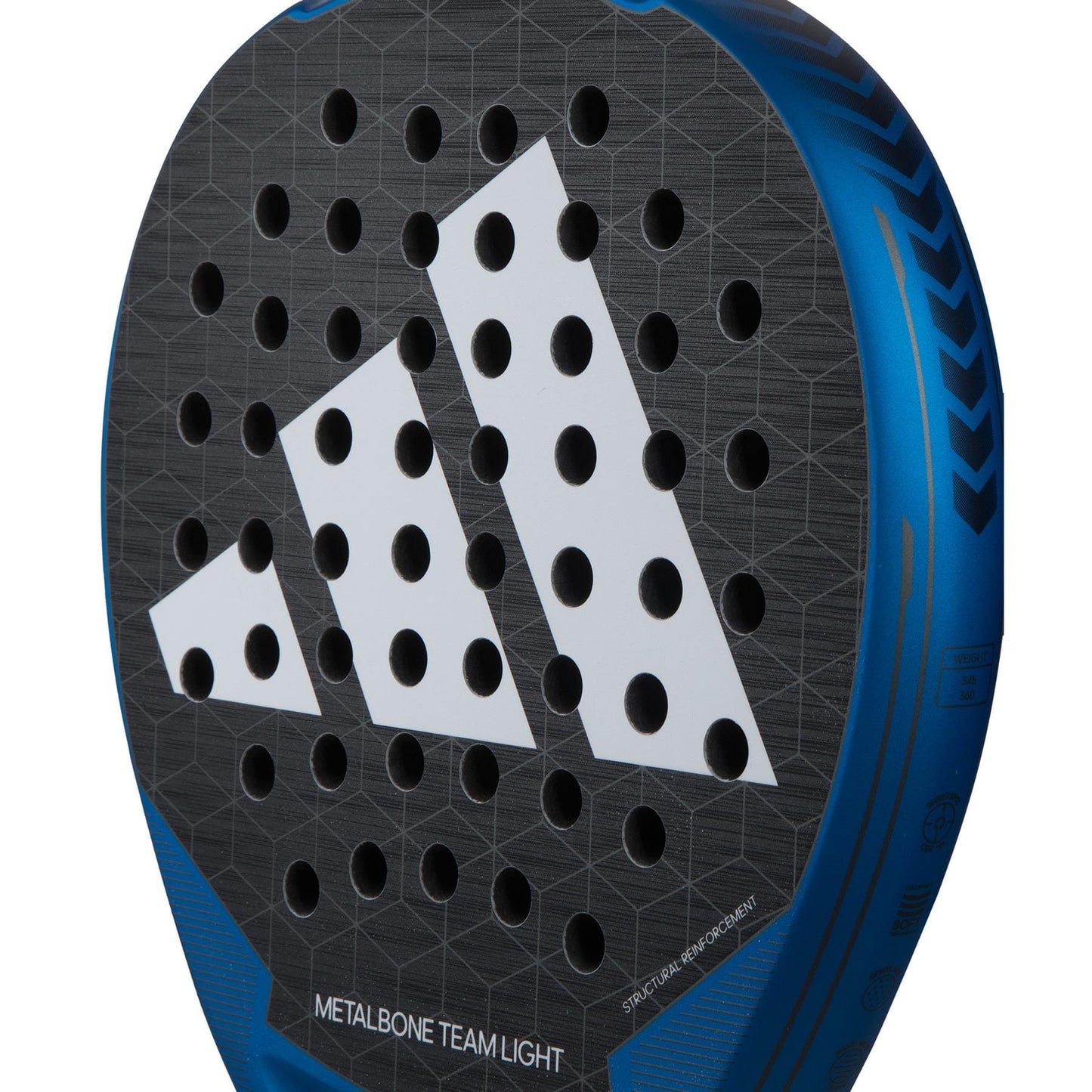 Close-up of the adidas Metalbone Team Light 3.3 Padel Racket, showcasing its black and blue design, white geometric adidas logo, round perforations, and "METALBONE TEAM LIGHT" text near the base on this lightweight racket.